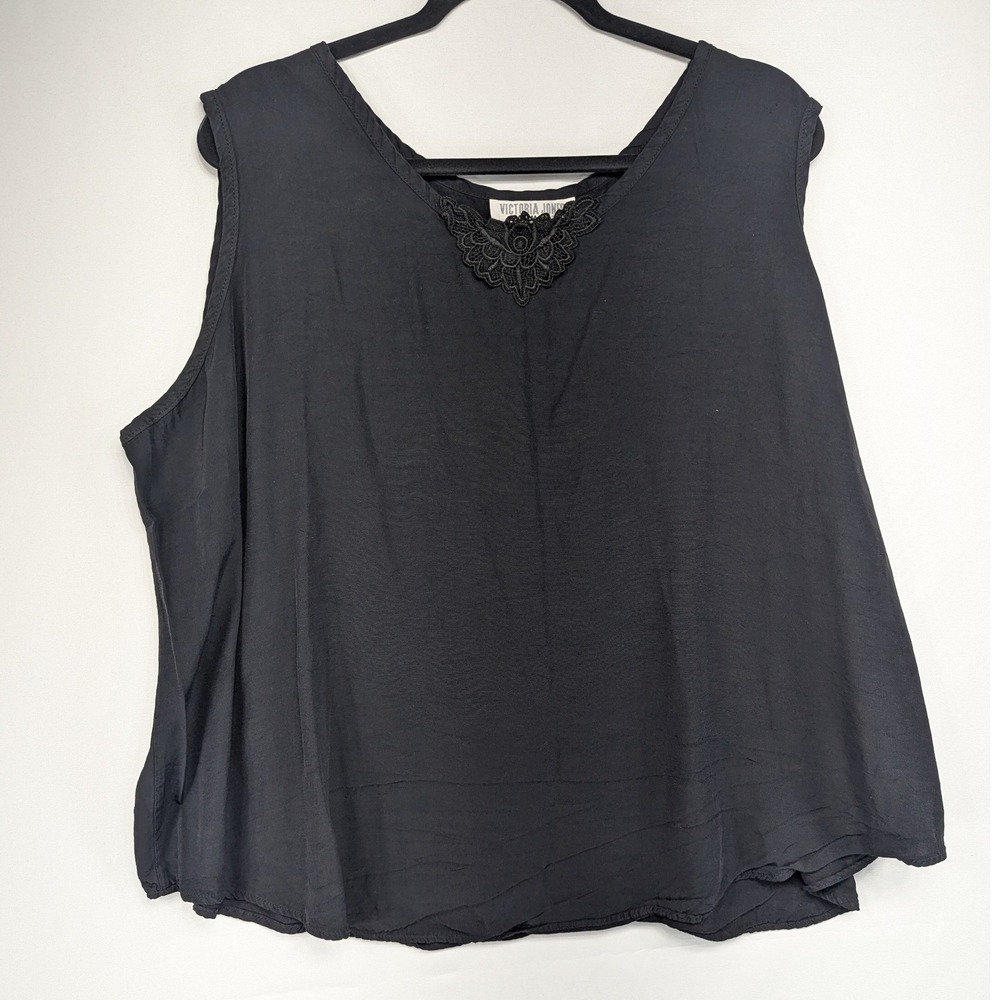 Victoria Jones Woman Black Lace Trim V Neck Sleeveless Tank Top Plus - Picture 1 of 5